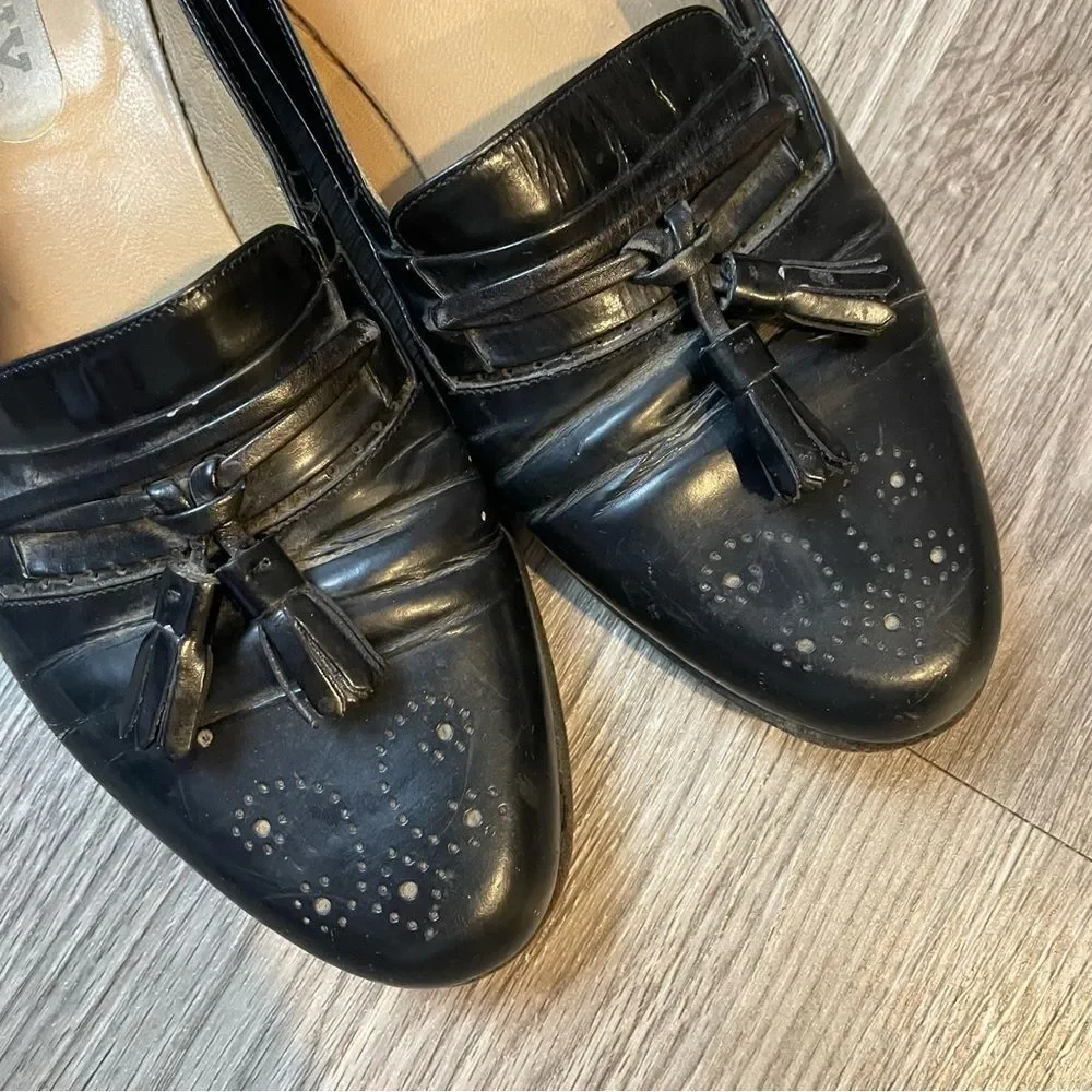 BALLY Vintage Black Leather Tassel Perforated Loafers